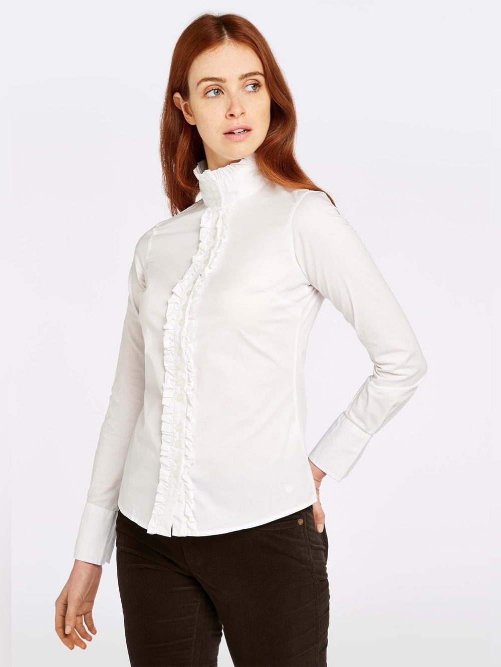 Dubarry of Ireland Chamomile Ruffle Equestrian White Button Up Shirt EUC Sz 34/4